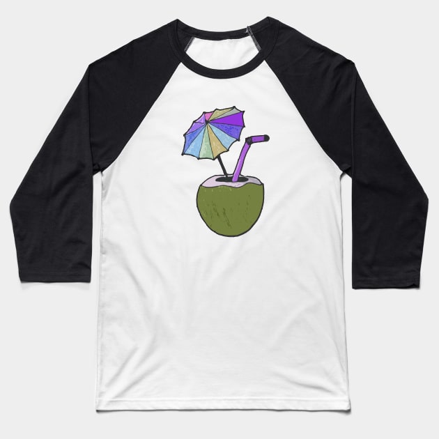 Hand drawn coconut drink with colorful umbrella drink Baseball T-Shirt by WatercolorFun